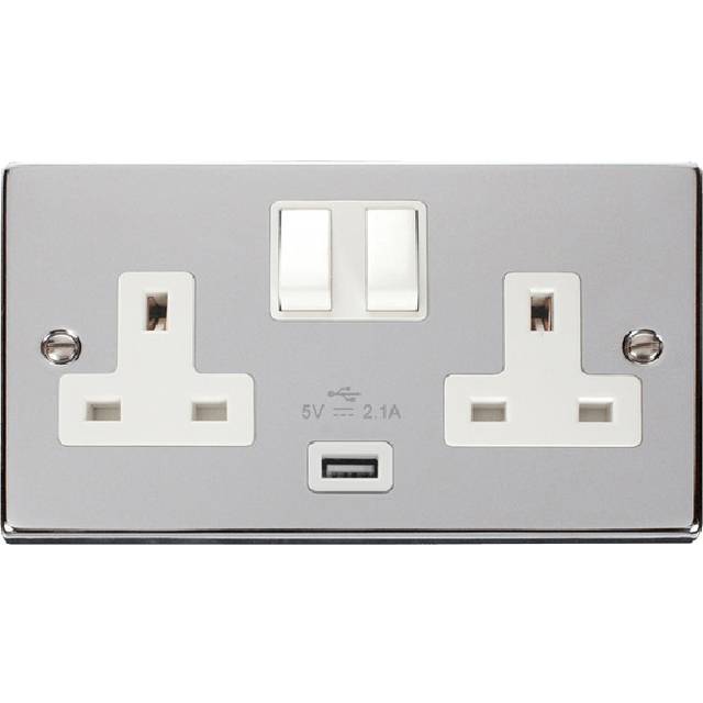 Click Deco 13A 2G Switched Socket With USB Outlet Polished Chrome Insert White