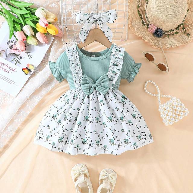 SHEIN Summer Baby Girls&#39; Short Sleeve Cute Butterfly Printed Dress