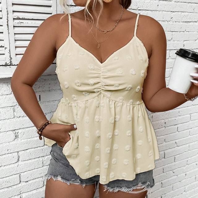Calvaya Plus Size Casual Solid Color Swiss Dot Print Suspender Dress