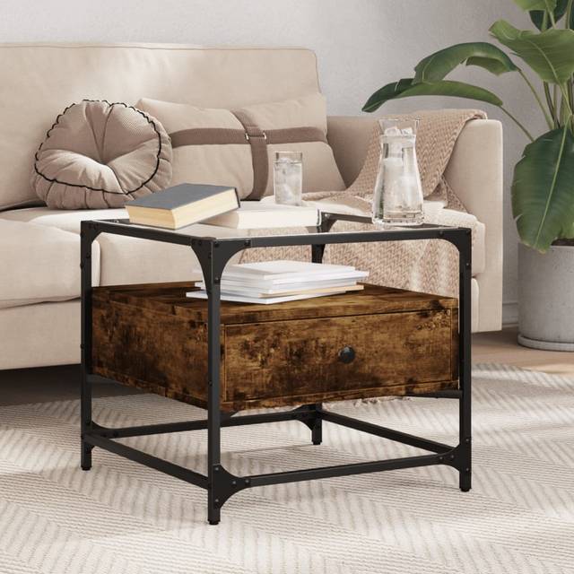 vidaXL Coffee Table with Glass Top Smoked Oak 50x50x45 cm Steel - Brown