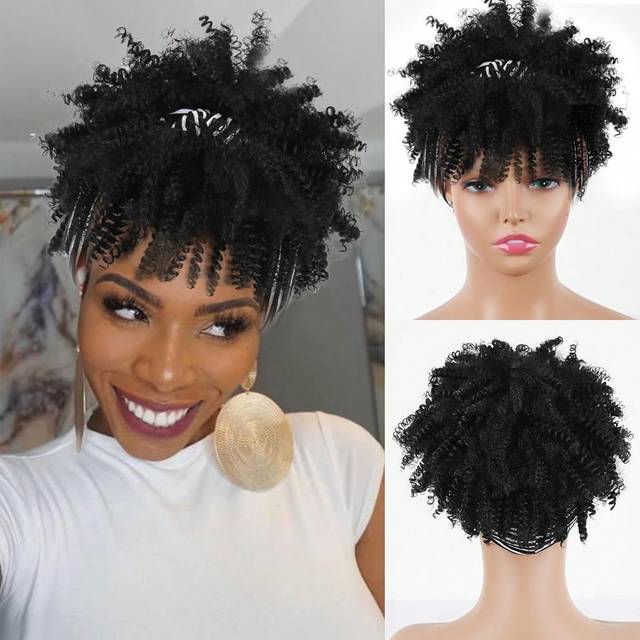 SHEIN Black Headband Wig With Bangs For Women Short Afro Synthetic Curly Black And White Stripes Scarf Wig Natural Black Wig With Headband Attached Kinky Cu