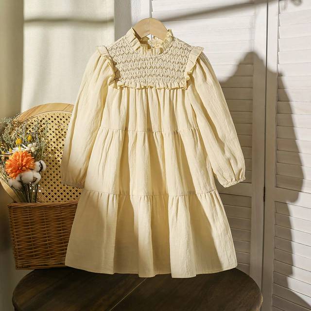 SHEIN Young Girls&#39; Casual Countryside Retro Ruffled Collar Dual-Color Loose Long Sleeve Dress, Soft Linen Champagne Color, Elegant And Fashionable, Suitable