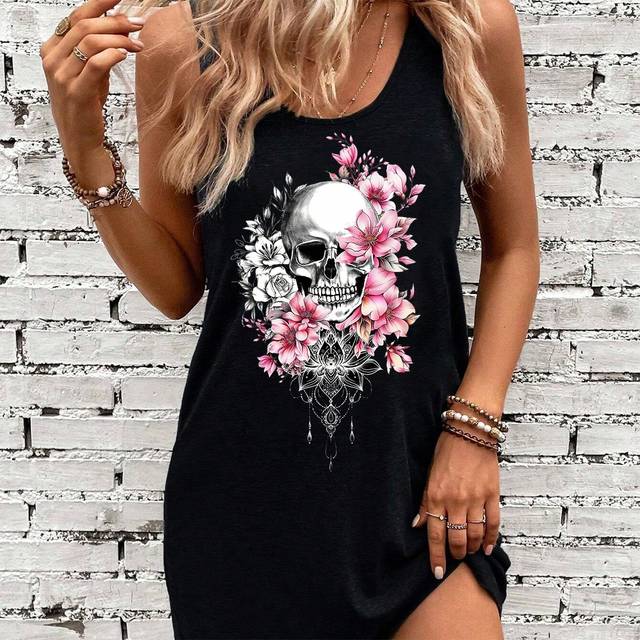 Luneh Casual Minimalist Skull & Floral Pattern Sleeveless Round Neck Women&#39;s Summer Dress