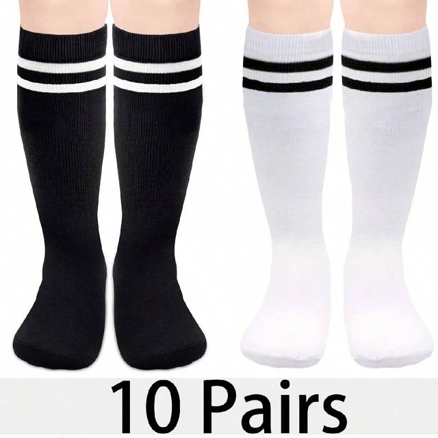 SHEIN 10 PairsKids Toddler Soccer Socks Boys Girls Knee High Striped Tube Socks Athletic Long Socks For Boys Girls