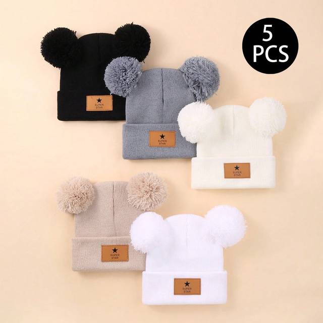 SHEIN 5-Piece Set Of Baby Autumn/Winter Hat Gloves Combination Double Ball Knitted Hat