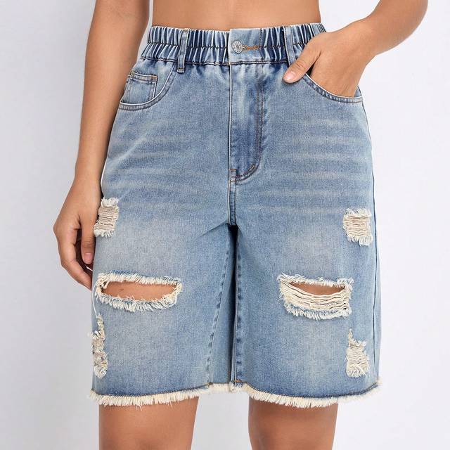 SHEIN Women&#39;s Loose Fit Bermuda Denim Shorts With Distressed Detail And Pockets