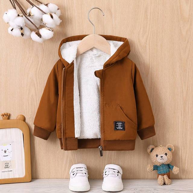 SHEIN Baby Boy Letter Patched Detail Teddy Lined Hooded Jacket