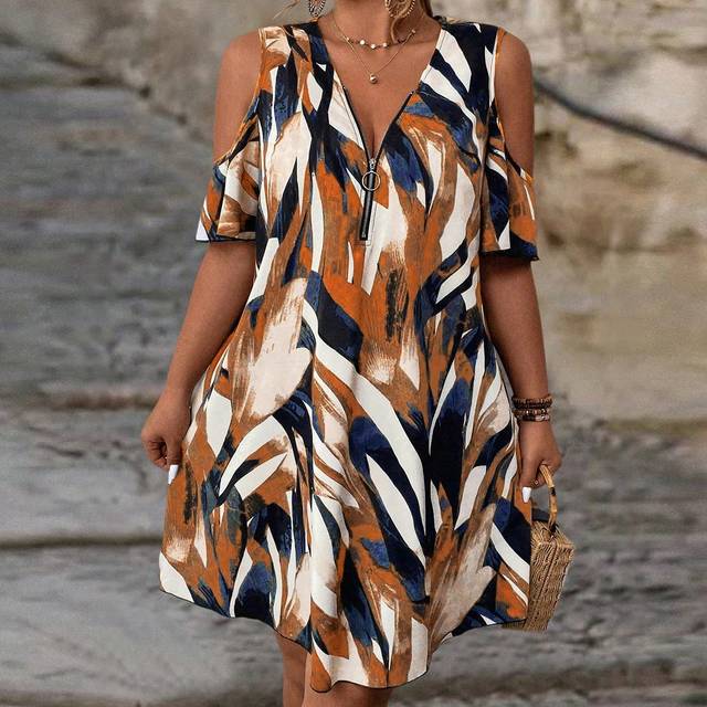 SHEIN Women&#39;s Plus Size Cold Shoulder Loose Printed Dress For Summer
