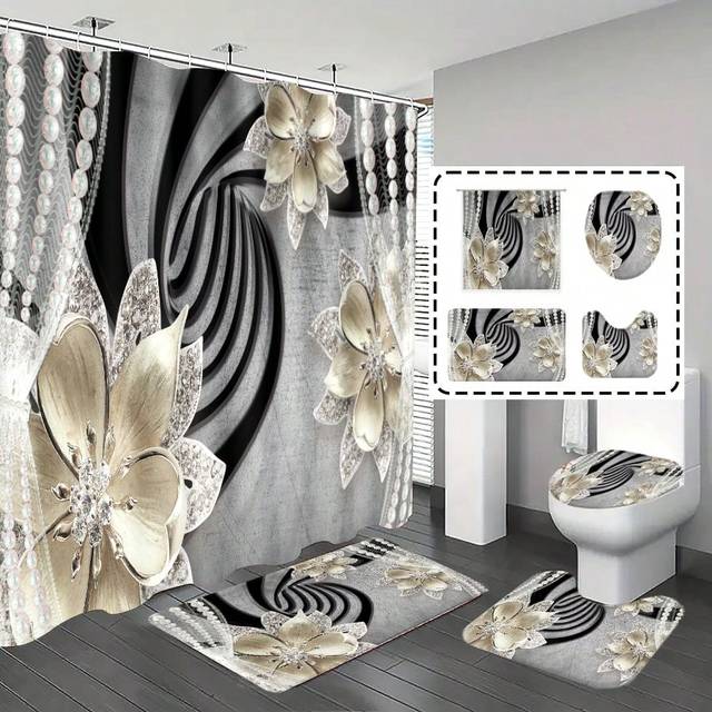 SHEIN 1pc/4pcs Bathroom Curtains Shower Set, Floral & Faux Pearl Pattern Shower Curtains, Bathroom Decor, Bathroom Rug, Home Decoration, Bath Mat, Classic L