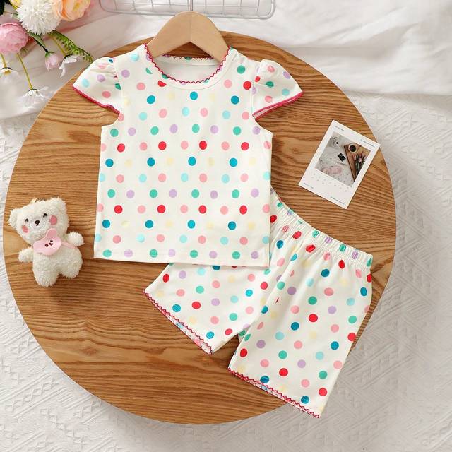 SHEIN Baby Girl Casual Flame Retardant Knitted Polka Dot Cap Sleeve Top With Shorts, Collar And Cuff Detail Set, 2pcs Home Wear Outfit
