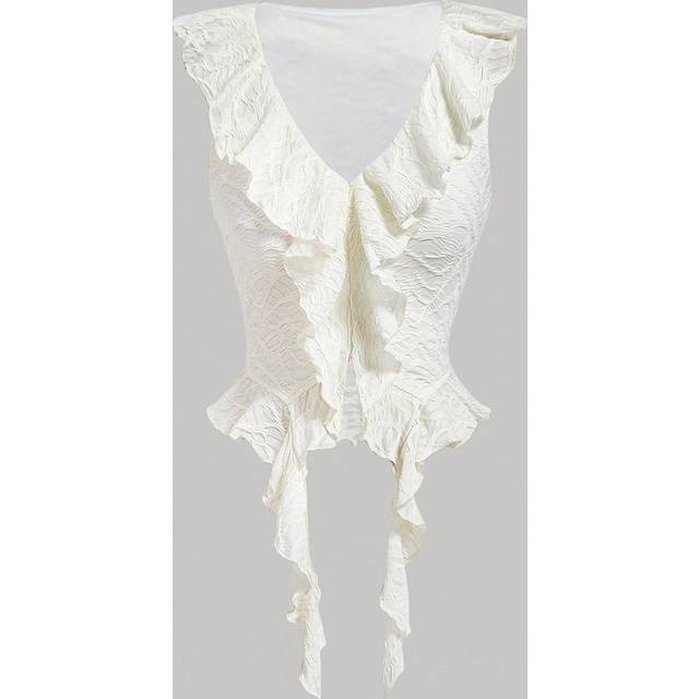 SHEIN White Sleeveless Cropped Top With Wide Ruffle Trim And Asymmetrical Hemline,Flowy Comfy Women&#39;s ,Tank Top,Bridgerton,Summer