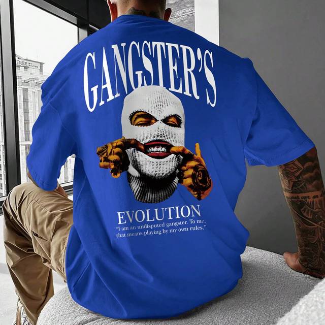 Manfinity Men&#39;s Summer Character Printed Round Neck Short Sleeve Casual T-Shirt With Slogan Face Mask