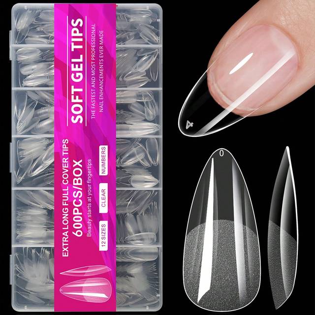 SHEIN 600Pcs Full Cover Press On Nail Tips Stiletto Almond Square Coffin French False Fake Soak Off Gel Nail Extension Tips Capsule Press On Nails Nail Supp