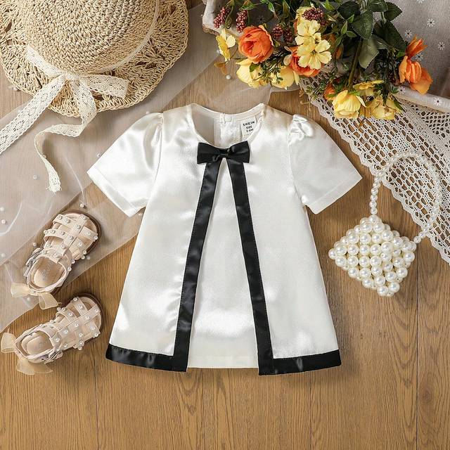 SHEIN Party-Style Baby Girl Dress, Glossy Satin Finish With Colour-Blocking & Bowknot Detail, Puff Sleeve & Straight-Cut Dress, Cute Yet Simple, Stylish & E