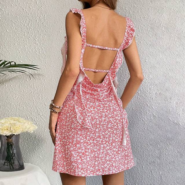 SHEIN Summer Women&#39;s Spaghetti Strap Multilayered Ruffle Backless Swing Hem Ditsy Floral Vacation Floral Dress