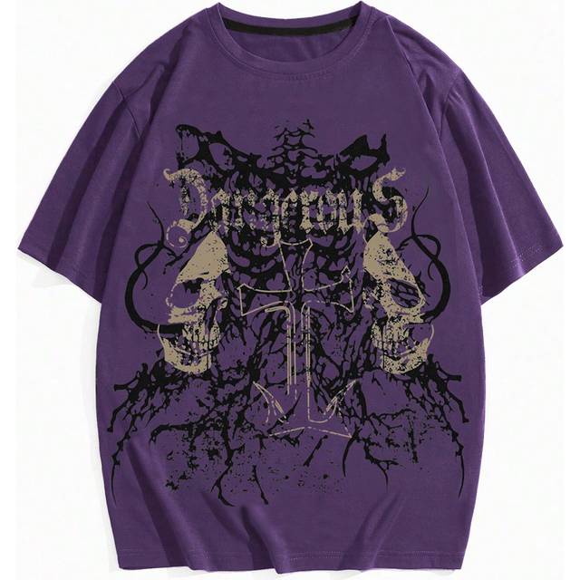 ROMWE MEN Men Loose T-Shirt With Gothic Dark Skull And Cross Print For Halloween