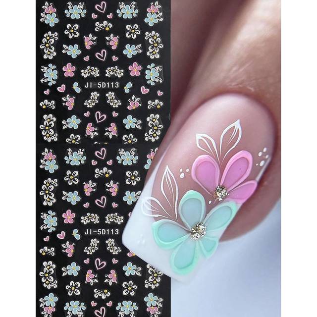 SHEIN 2 Sheets 5D Colorful Flowers Nail Stickers Butterfly Rose Spring Summer Decals Macarone Nail Sliders Relief Art Manicure Decors DIY