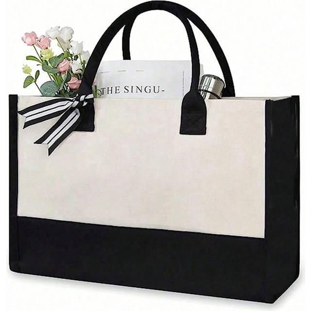 SHEIN 1pc Black And White Canvas Handbag, Personalized Gift Bag, Storage Bag, Large Capacity, Suitable For Weddings, Birthdays, Beaches, And Holidays, Makin