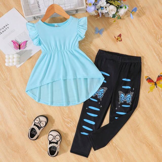 SHEIN 2pcs Young Girls&#39; Fashion Comfortable Round Neck Puff Sleeve Top And Butterfly Print Distressed Design Pants 2-Piece Set