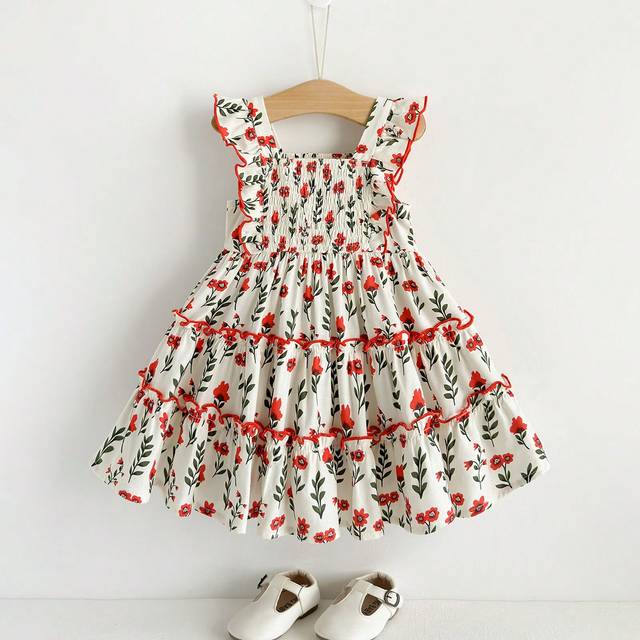 Cozy Pixies Baby Girl Floral Print Ruffle Hem Waist Cinched Dress