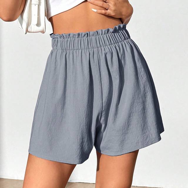 Flirla Women Summer Solid Paperbag Waist Wide Leg Flowy Shorts