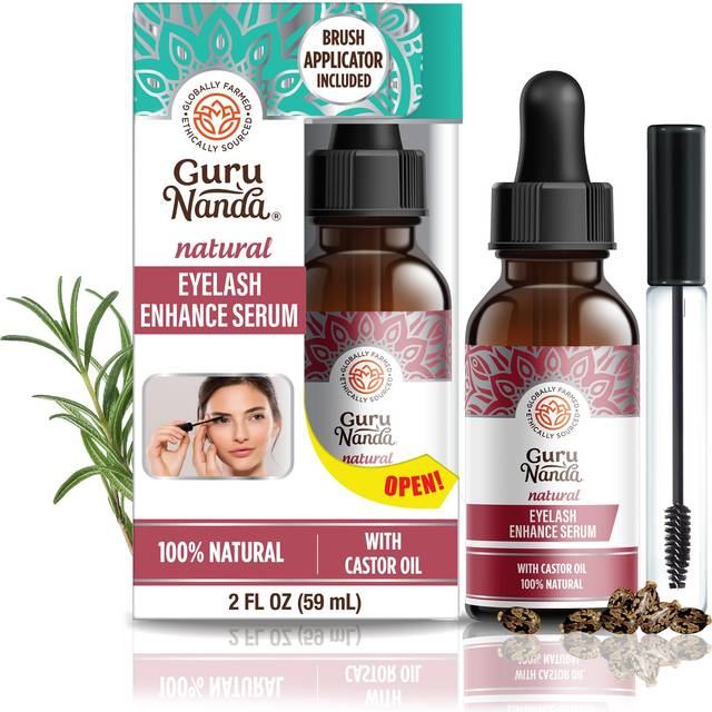 GuruNanda Natural Castor Oil Eyelash Enhance Serum with Rosemary Oil - With Brush Applicator  Helps Eyebrows & Beards for Natural Hair Growth  2 Fl Oz
