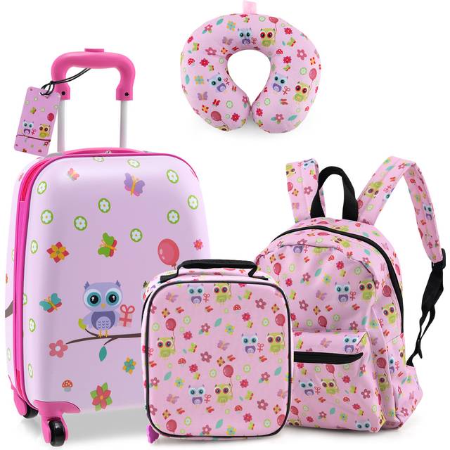 5 Piece Kids Luggage Set Carry-on Children Rolling Suitcase Set with Backpack-Pink