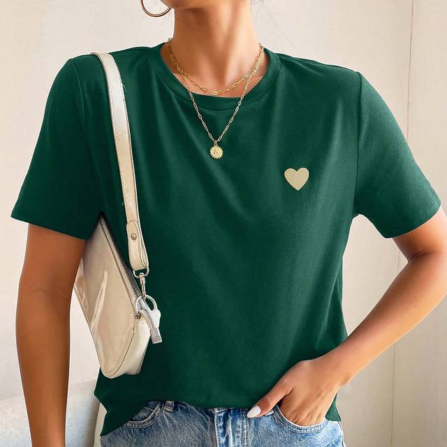 SHEIN Summer Casual Heart Embroidery Round Neck Short Sleeve T-Shirt