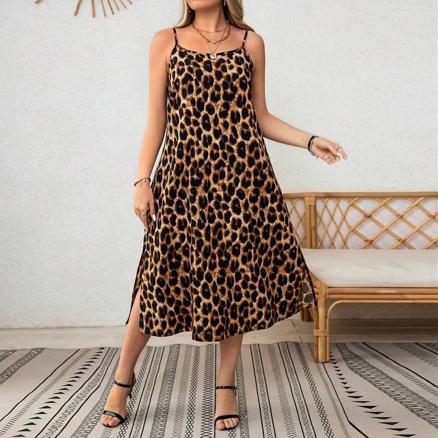 SHEIN Plus Size Women&#39;s Leopard Print Side Slit Casual Sundress For Summer