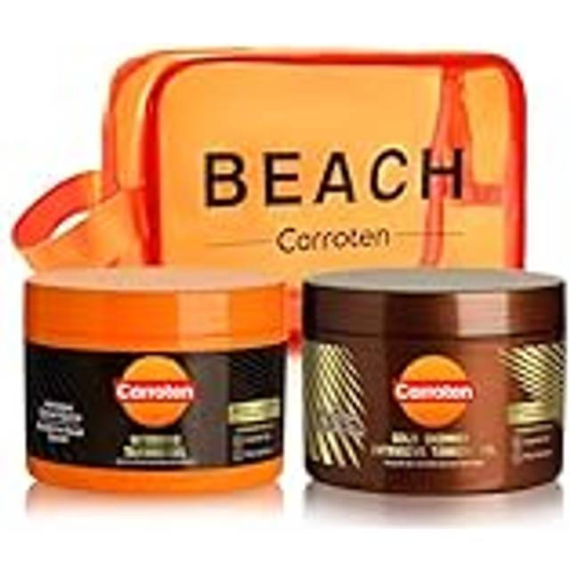 Carrot uppsättning med 2 garvnings-acceleratorer – garvningsset av guld tanning gel 150 ml och intensiv tanning gel 150 ml – garvningsgel för snabb solbränning, inkl. sminkväska