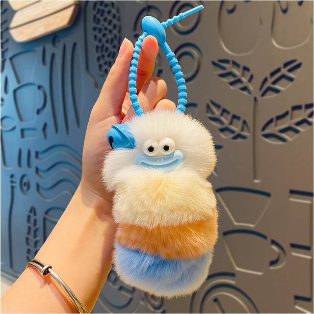 (Blue) Adorable Plush Caterpillar Bunny Keychain Cute Cartoon Key Ring For Couples In Pink