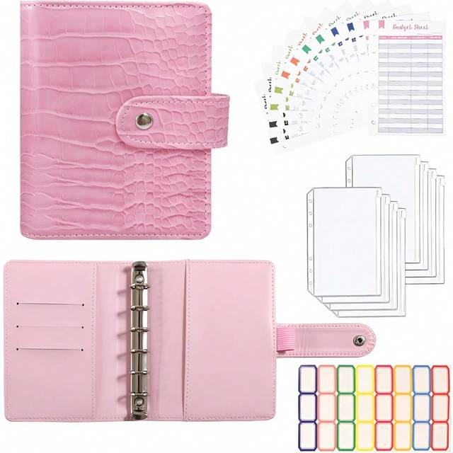 SHEIN A7 Crocodile Budget Loose Leaf Binder With Zip Envelope - Cash Envelope System, Mini Money Storage Bag With Pocket, Paper And Stickers Back To School