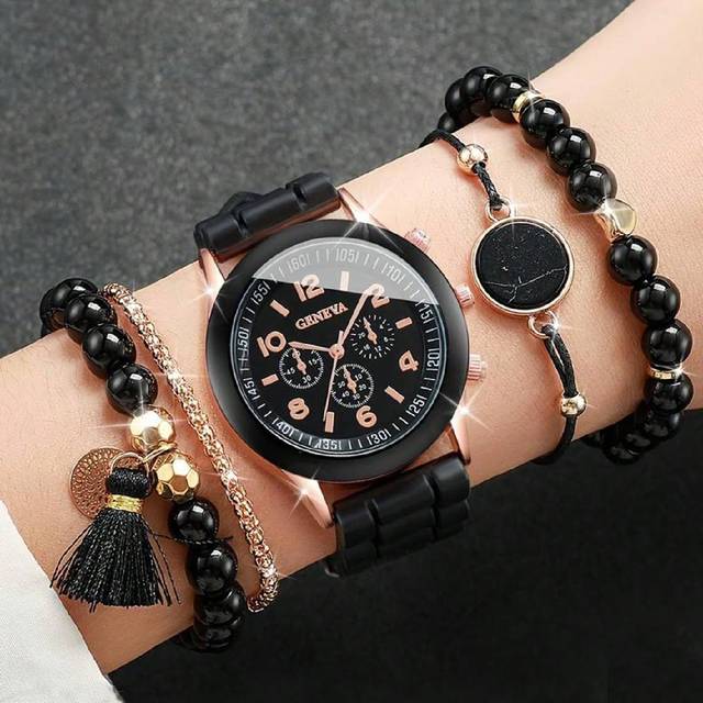 SHEIN 5pcs Women Watch And Fashionable Women Silicone Watch Strap Quartz Watch With Bracelets.Women Quartz Watch Set