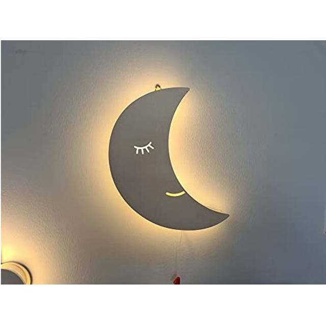 Kids moon night light bedroom baby nursery decor white wooden wall lamp gift