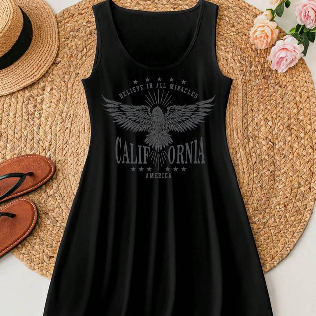 EMERY ROSE Plus Size Women Casual Minimalist Eagle Printed Round Neck Tank Dress, Suitable For Summer