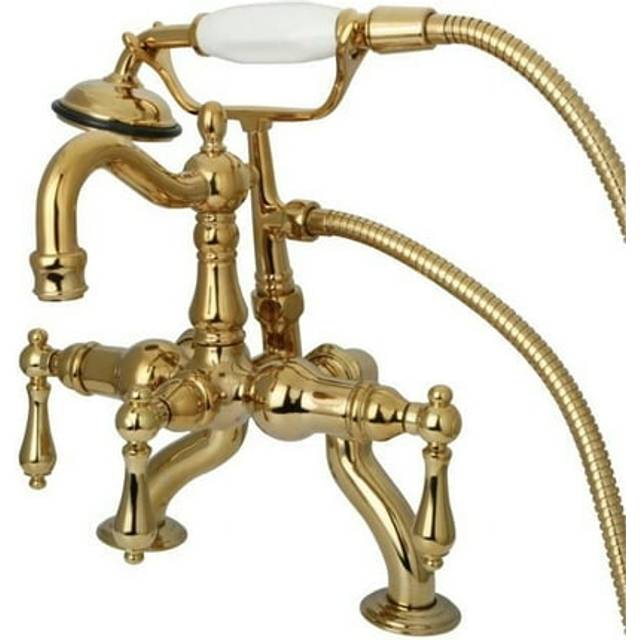3.37 x 10 in. Adjustable Deck Mount Leg Tub Filler with Hand Shower - Polished Brass