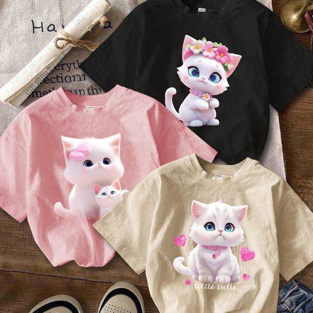 SHEIN Back To School Clothes, Cute T-Shirts, Casual And Simple Cartoon Cat Printed T-Shirt For Tween Girls, Black, Pink And Khaki Colors, Summer, Multi-Pack