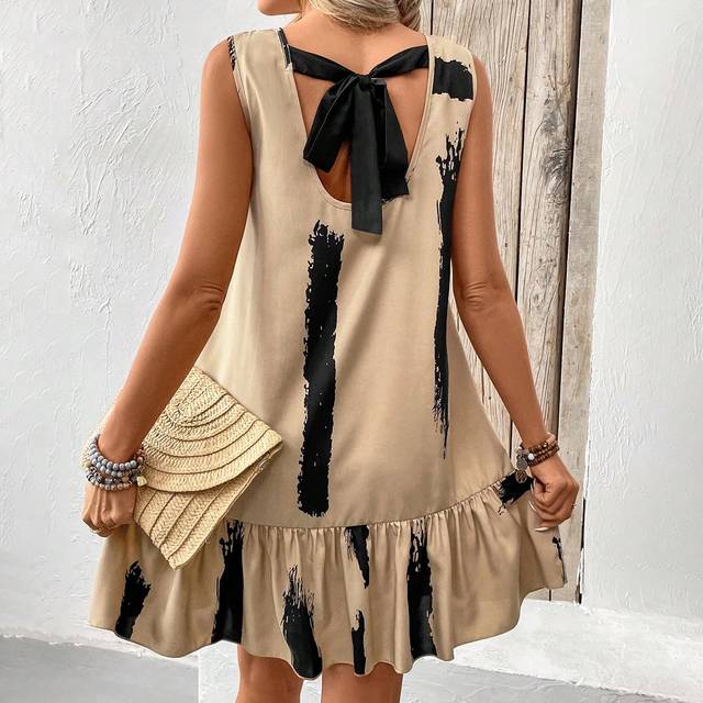 SHEIN Women&#39;s Backless Round Neck Striped Printed Ruffle Hem Sleeveless Summer  Stripe Old Money Style   Dress