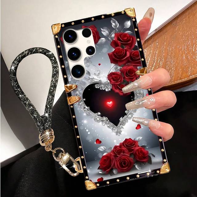 SHEIN Lanyard 1pc Rose Pattern Rectangle Stylish Anti-Fall Phone Case