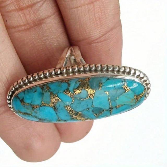 SHEIN One Bohemian-Style Unique Design Engagement/Wedding Ring With Random Patterned Main Stone, Women\ Oval-Shaped Purple And Green Turquoise Ring