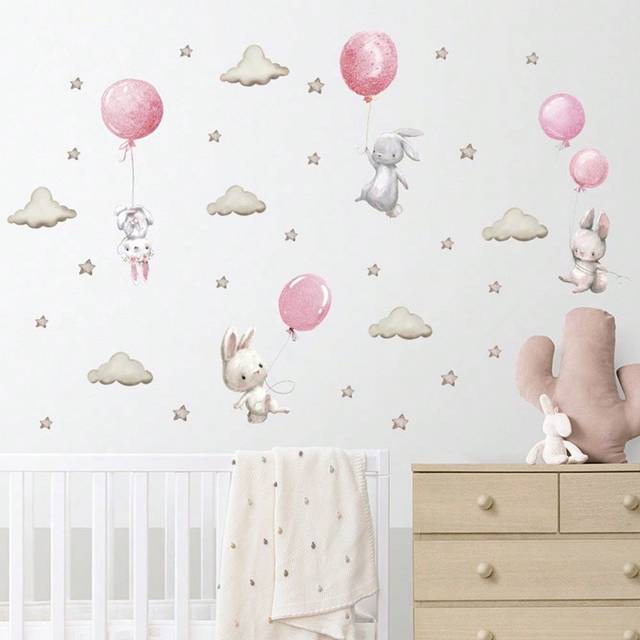 SHEIN Pink Rabbit Balloon Nursery Baby Decoration Sticker For Infant & Children Room Wall Baby Shower Family Decorations Gifts