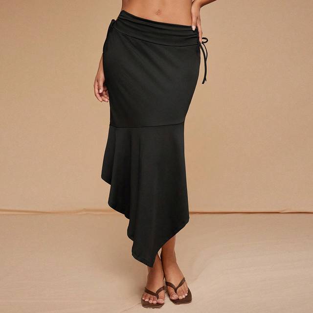 SHEIN Fall & Winter Women Knee Length Flare With Asymmetrical Hem Ruffle   Black Skirt,Solid Color Simple Daily Wear Skirt Gathering At Waist Black Skirt S