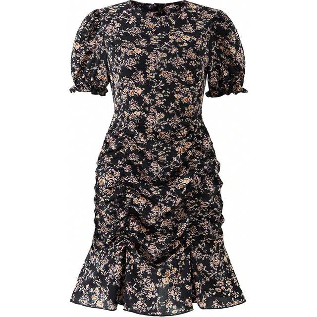 SHEIN Teen Girl Round Neck Floral Lace Sleeves & Ruffled Hem Dress With All-Over Flower Print And Gathering