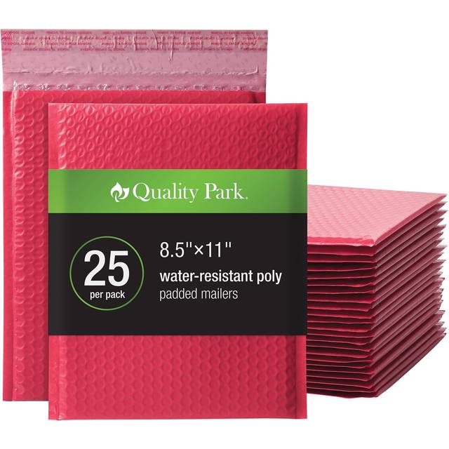 Quality Park Bubble Mailers  8.25 x 11 Shipping Envelopes  Water Resistant Red Poly Padded Envelopes  Redi-Strip Peel Off Closure  25/Box (QUA85869)