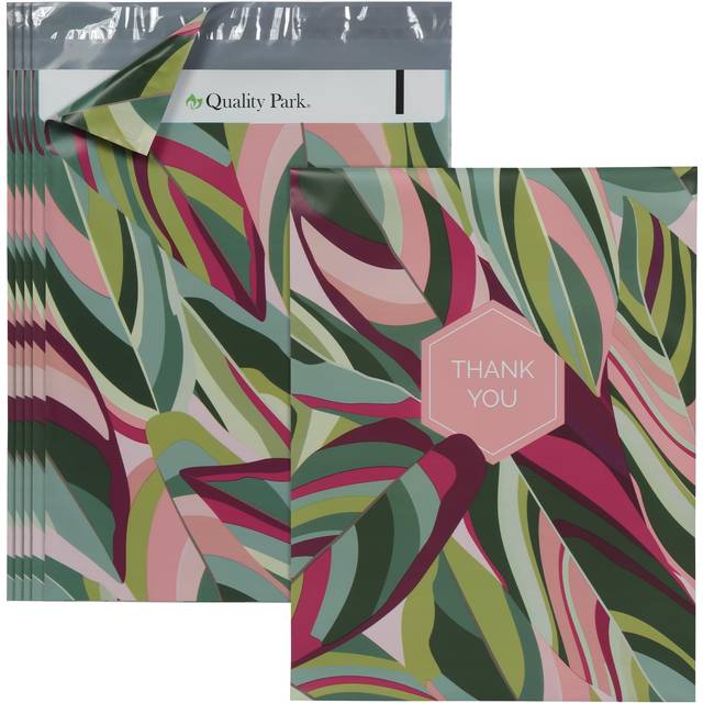 Quality Park Thank You Poly Mailers  10 x13 Inch Shipping Envelopes  100 Pack  Self Seal  Waterproof Shipping Bags for Clothing  Leaf (QUA89300)