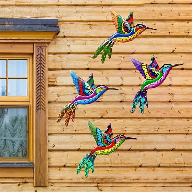 SHEIN 1/4pcs, Iron Hummingbird 3D Ornament, Wall Art Decor, Outdoor Sculpture, Colorful Metal Yard Art Hanging Garden Decor, Outside Decor, Yard Decoration,