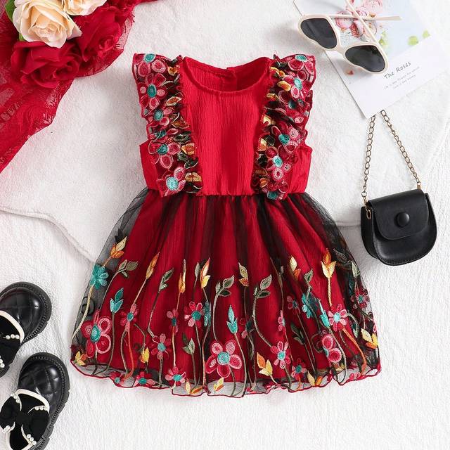 SHEIN Baby Girl Elegant Embroidered Mesh Flare Sleeve Dress With Floral Design For Summer