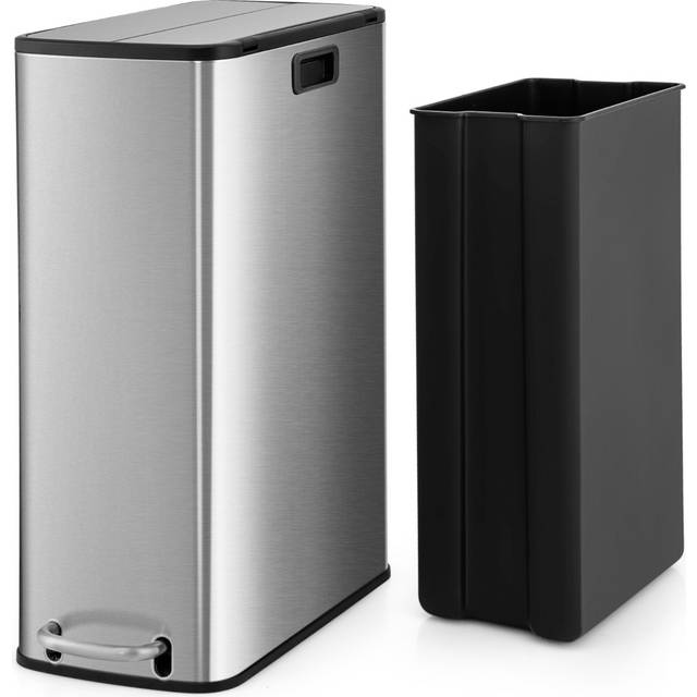 46L Stainless Steel Trash Can with Soft-Closing Wing Lids and Removable Inner Bucket-Silver