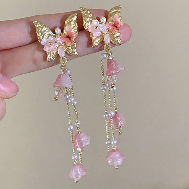 SHEIN 1pair Gold-Tone Pink Long Butterfly Pearl Tassel Earrings, Suitable For Spring/Summer Outfits