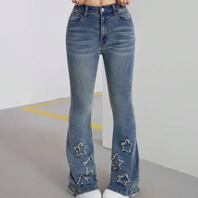 SHEIN Tween Girls&#39; Y2K Blue Jeans With Star Pattern At The Ankle,Summer Boho Nostalgia Wash Bell Bottoms Denim Pants